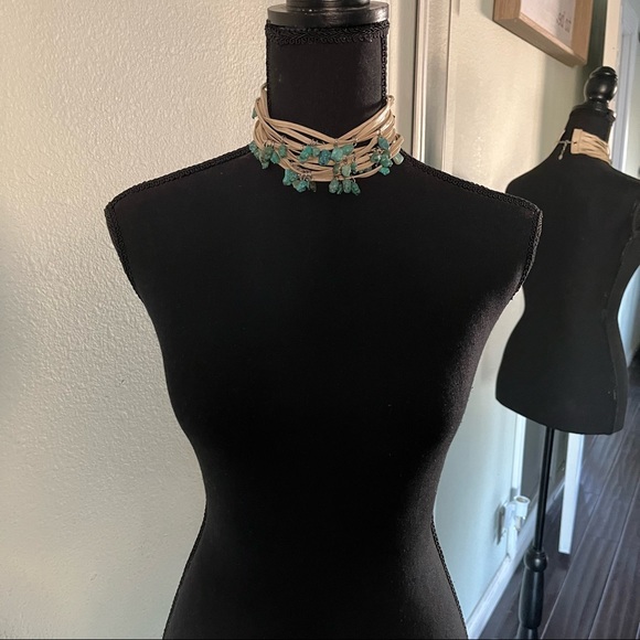 Y2K vintage Leather And Beaded Turquoise Adjustable Choker Necklace - Picture 3 of 6